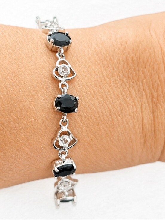 Jewelry - Silver Tone Black Stone Tennis Bracelet Clear Crystal Heart Link Elegant Fashion